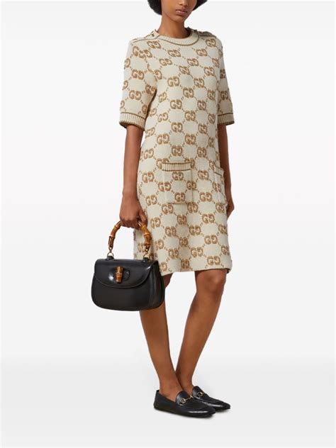 gucci wool dress with asymmetric flounce|GG wool bouclé jacquard dress in ivory and camel .